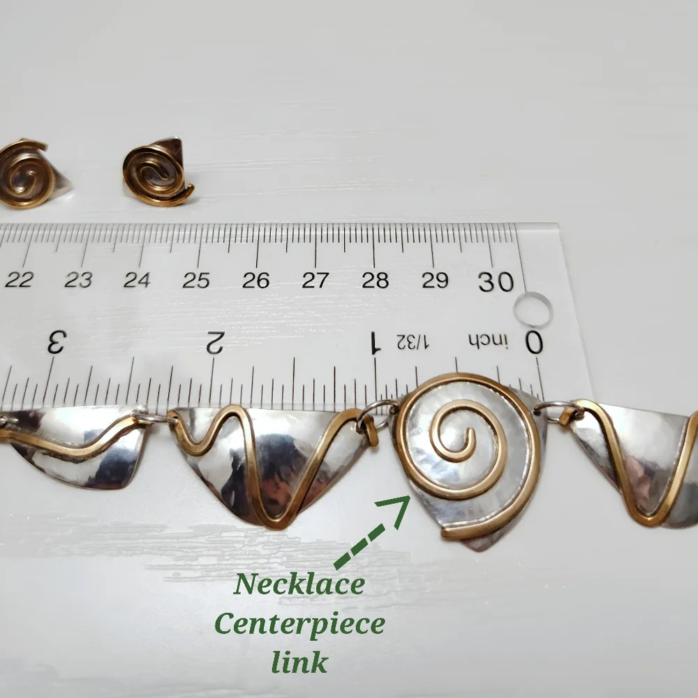 Vintage Sterling Silver Bronze Swirl Hand wrought Modernist Necklace Earring Set - Picture 12 of 15